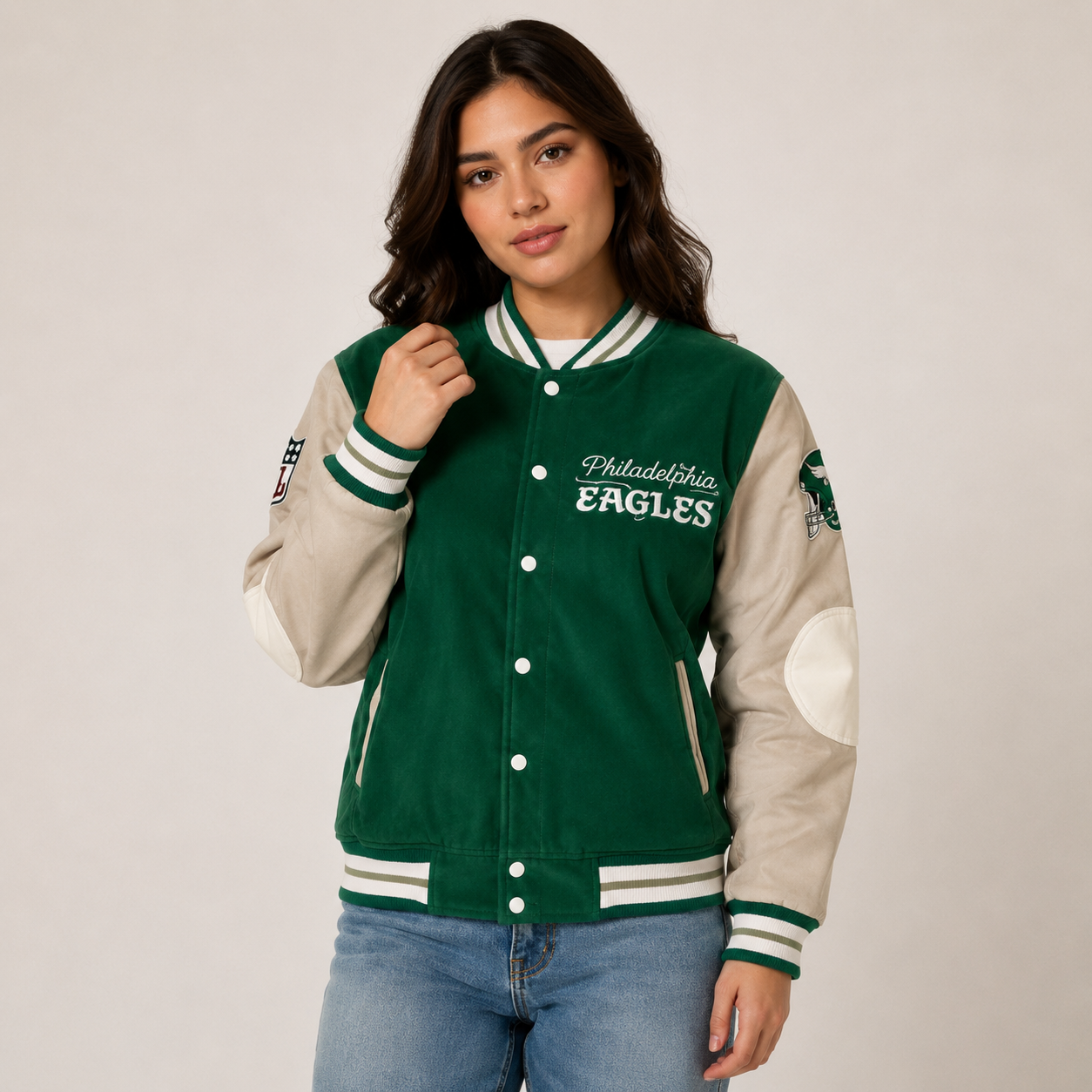 Women's Philadelphia Eagles Green Cream Varsity Jacket