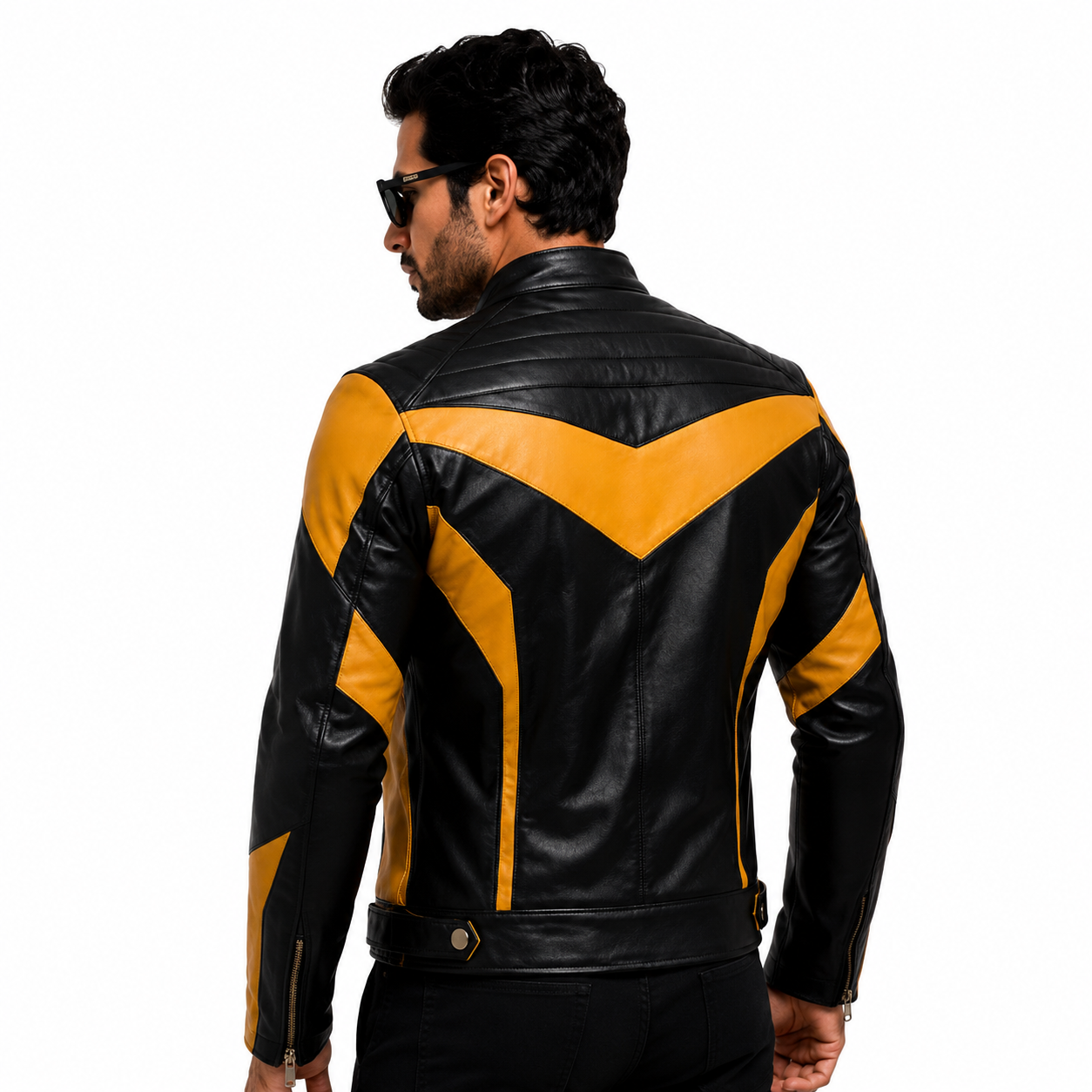 Men's Black & Mustard Yellow Racer Leather Jacket