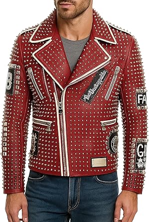 LP-FACON Men's Rock Punk Red Studded Spike Leather Biker Jacket