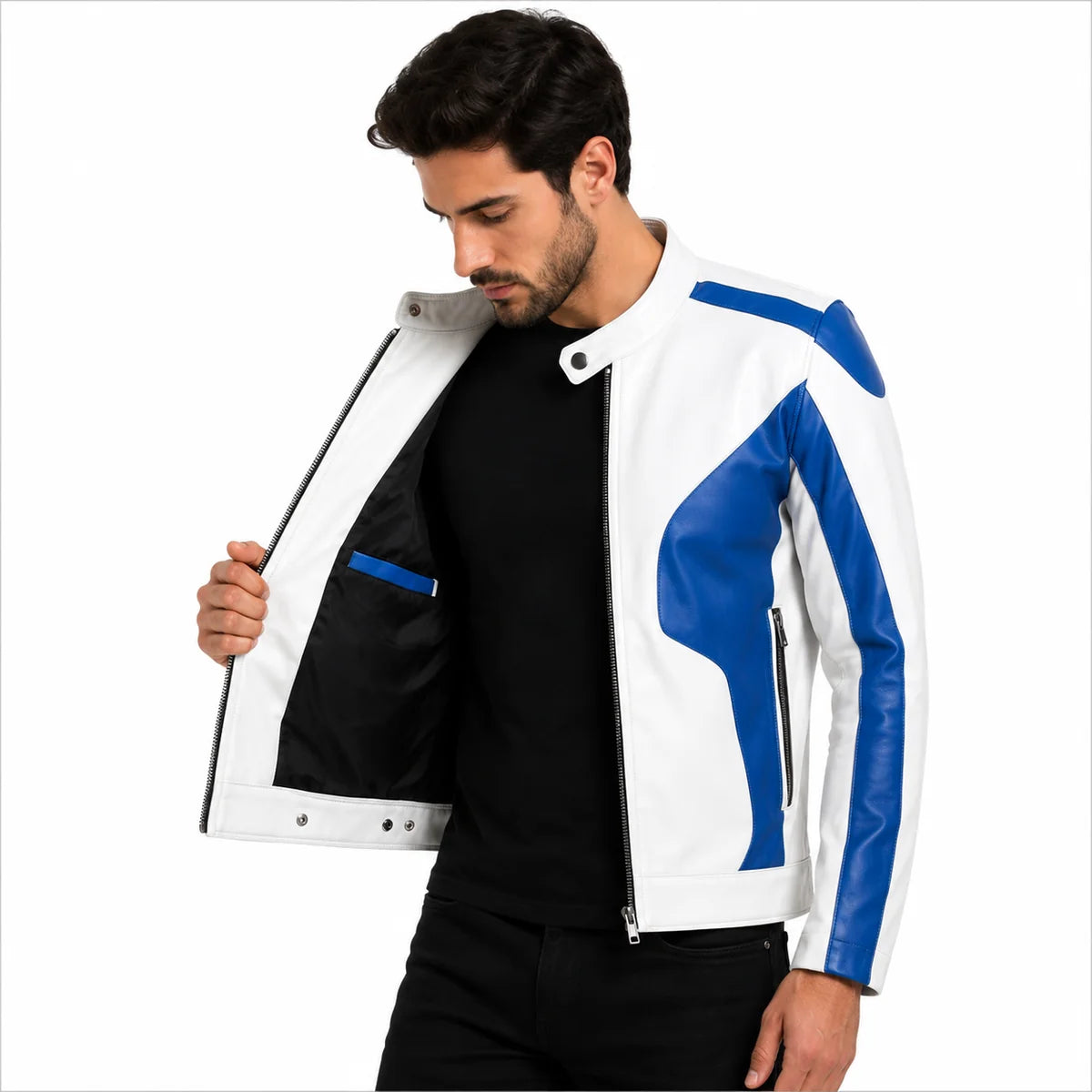 Men's White and Black Genuine Leather Biker Jacket