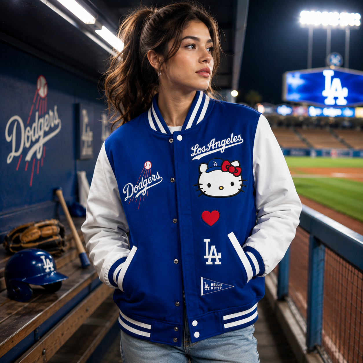 Royal Blue and White Los Angeles Dodgers Hello Kitty Varsity Jacket with Hello Kitty LA Cap Patch