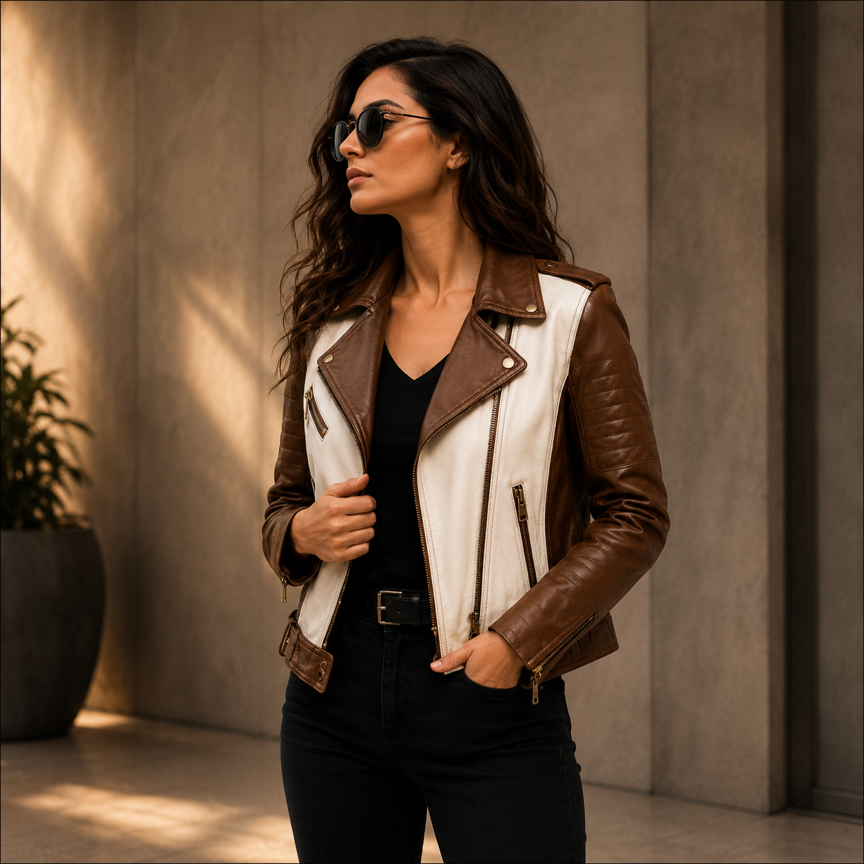 Women's Brown & Cream Biker Leather Jacket