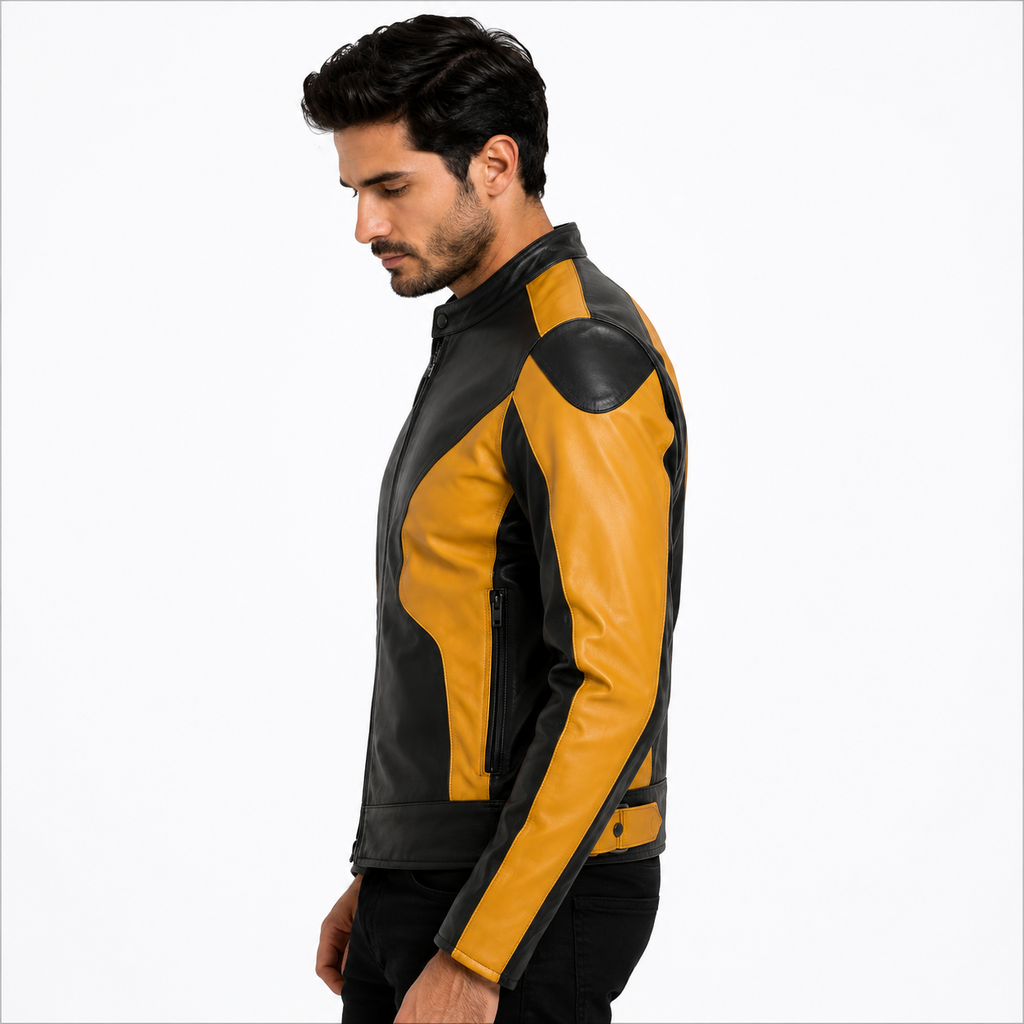 Men's Black & Yellow Genuine Leather Biker Jacket