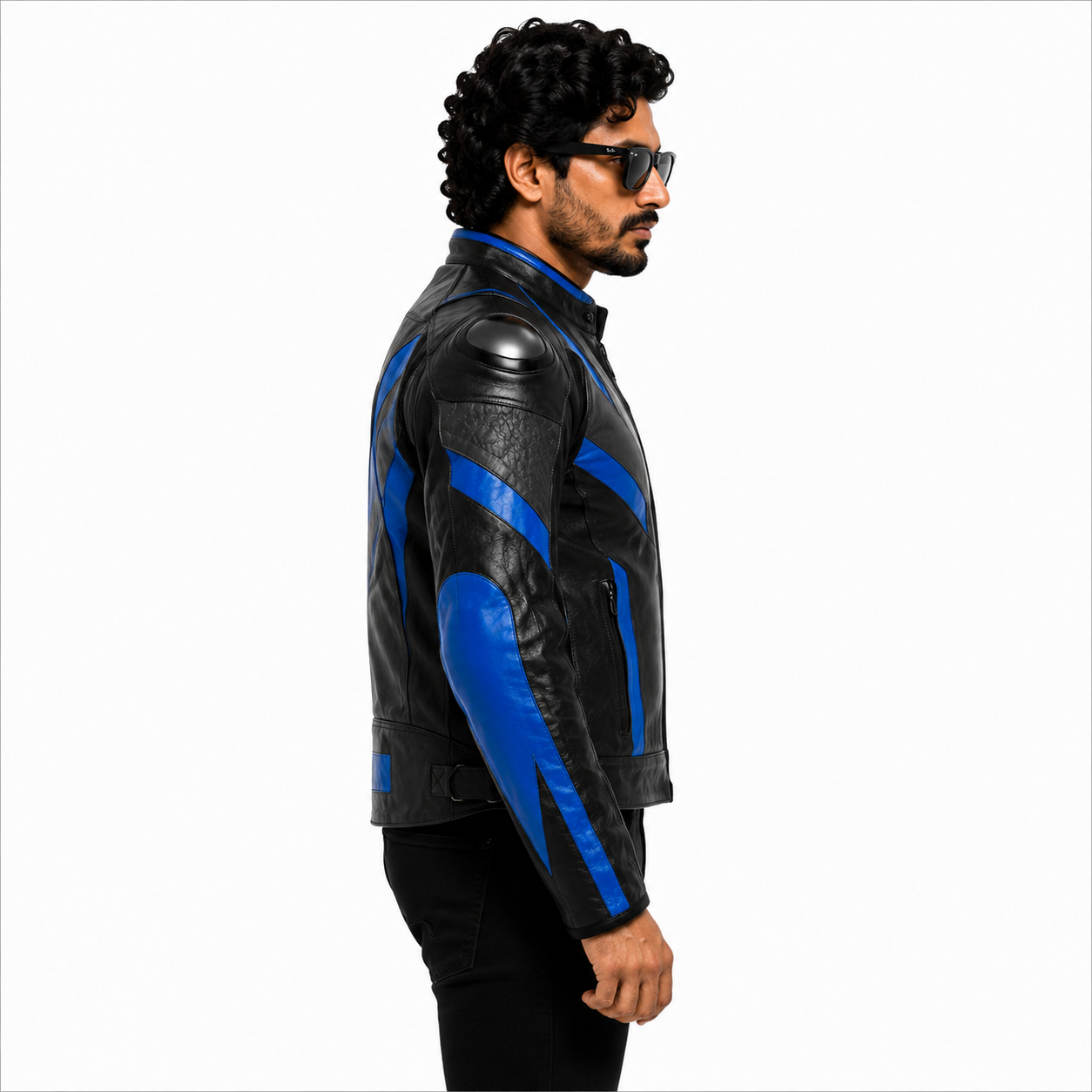 Men's Black & Blue Leather Motorcycle Jacket