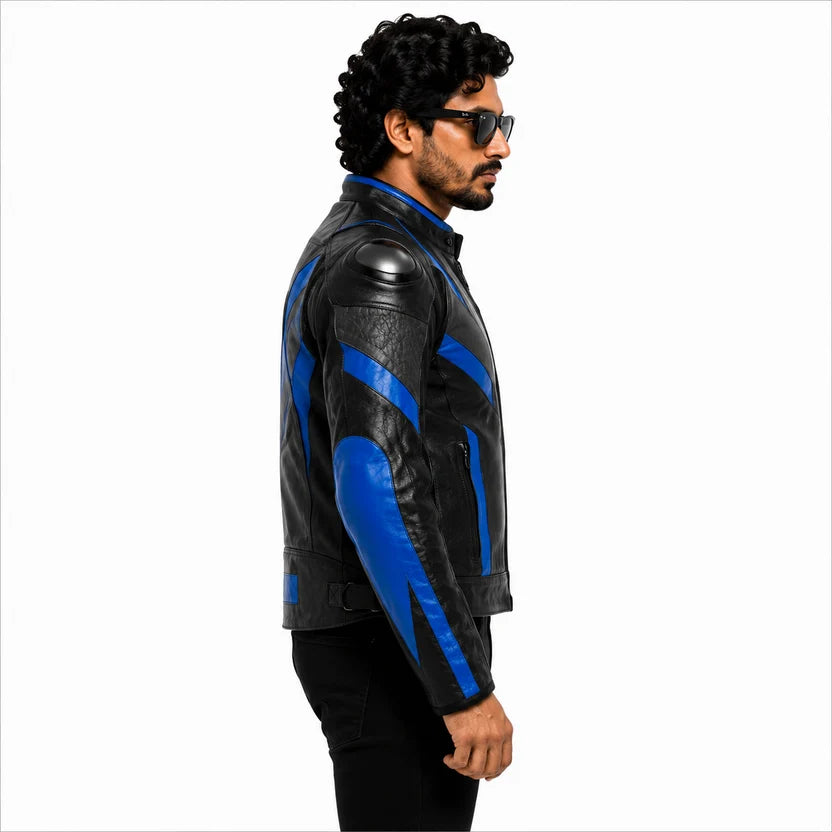 Men's Black Blue Racer Leather Jacket