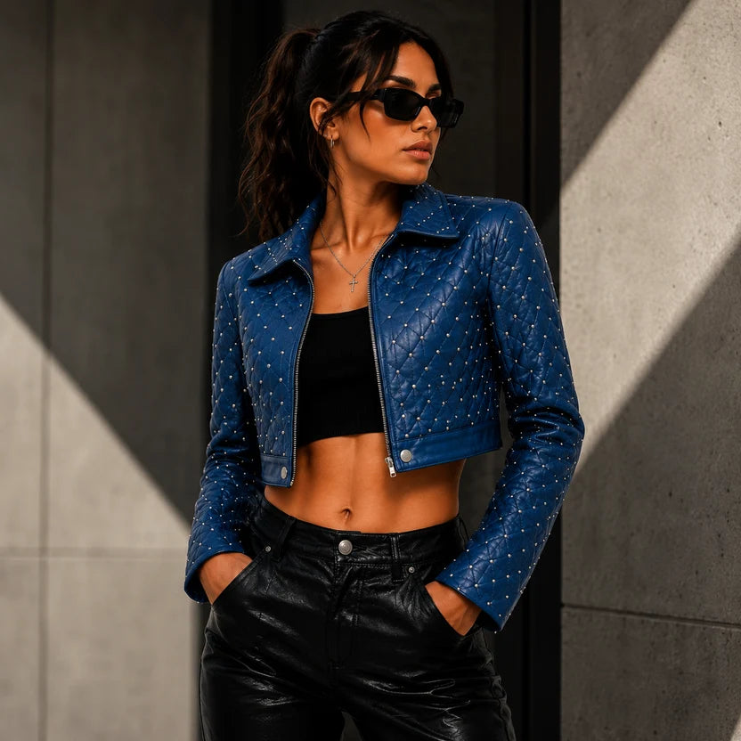 blue leather jacket women