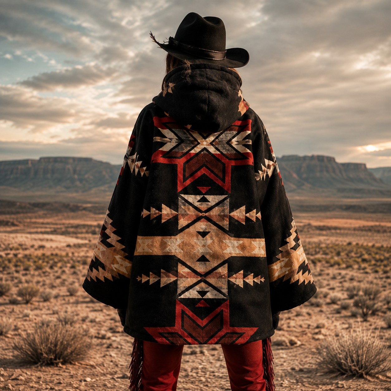 Women's Aztec Print Hooded Poncho Wool Jacket