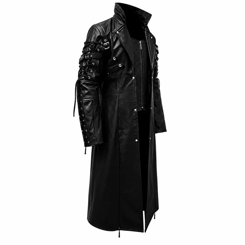 Women's Long All Black Gothic Leather Trench Coat
