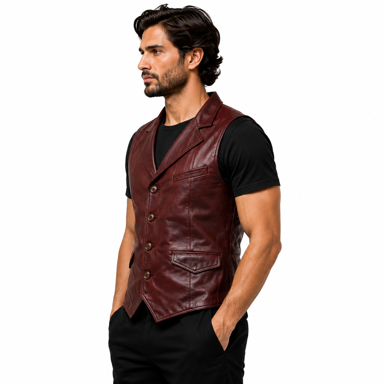 Men's Burgundy Leather Waistcoat for Wedding Outfit
