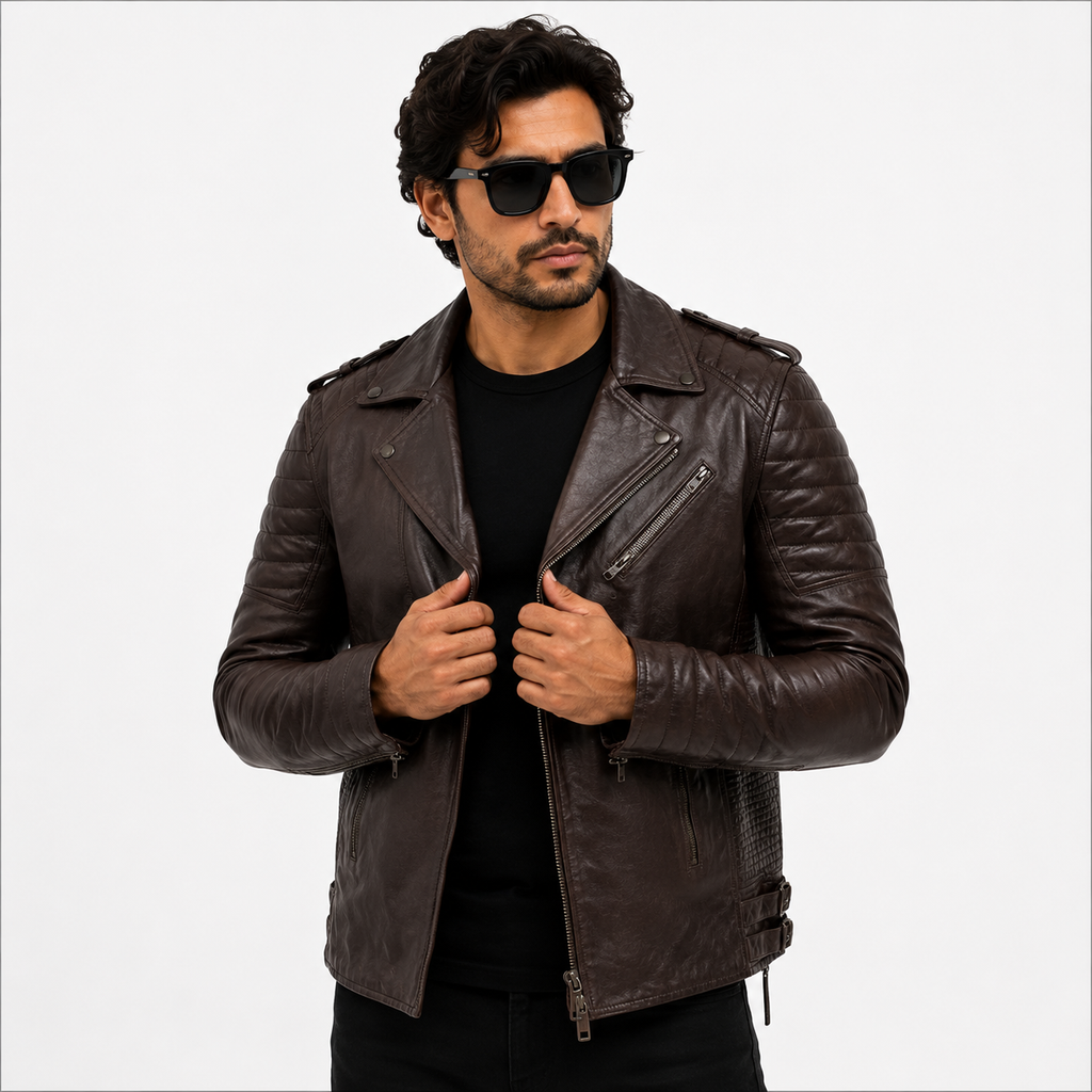 Men's Dark Brown Distressed Asymmetric Leather Biker Jacket