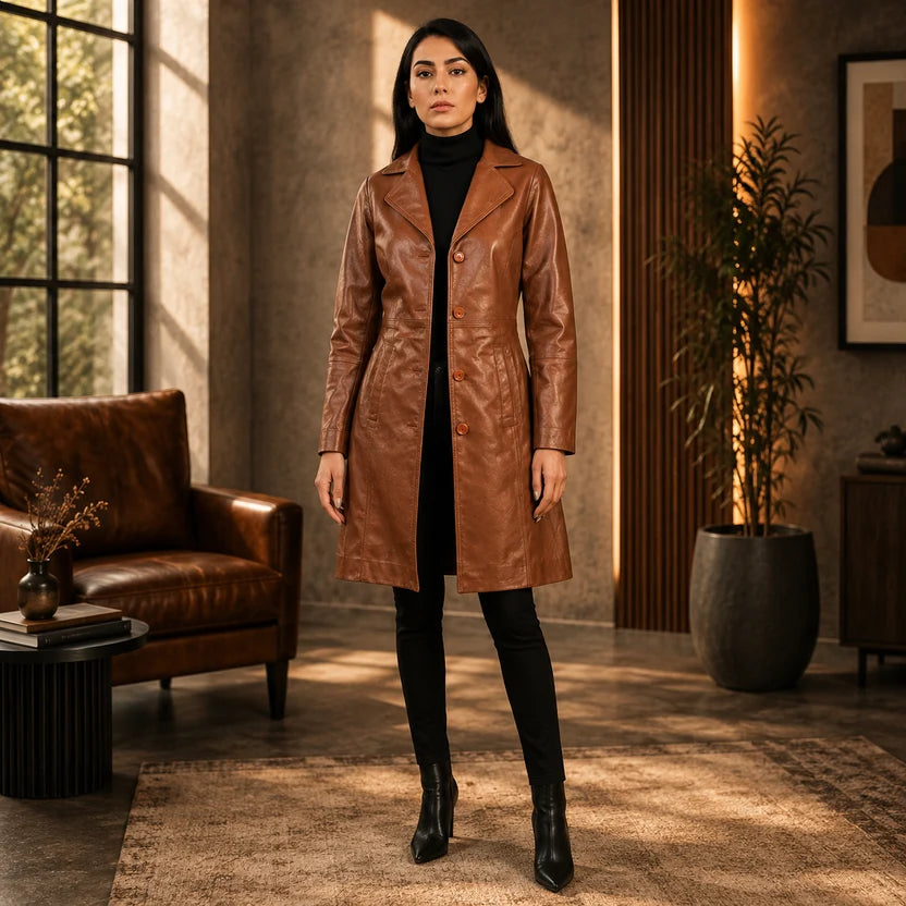 Women's Black Genuine Leather Trench Coat