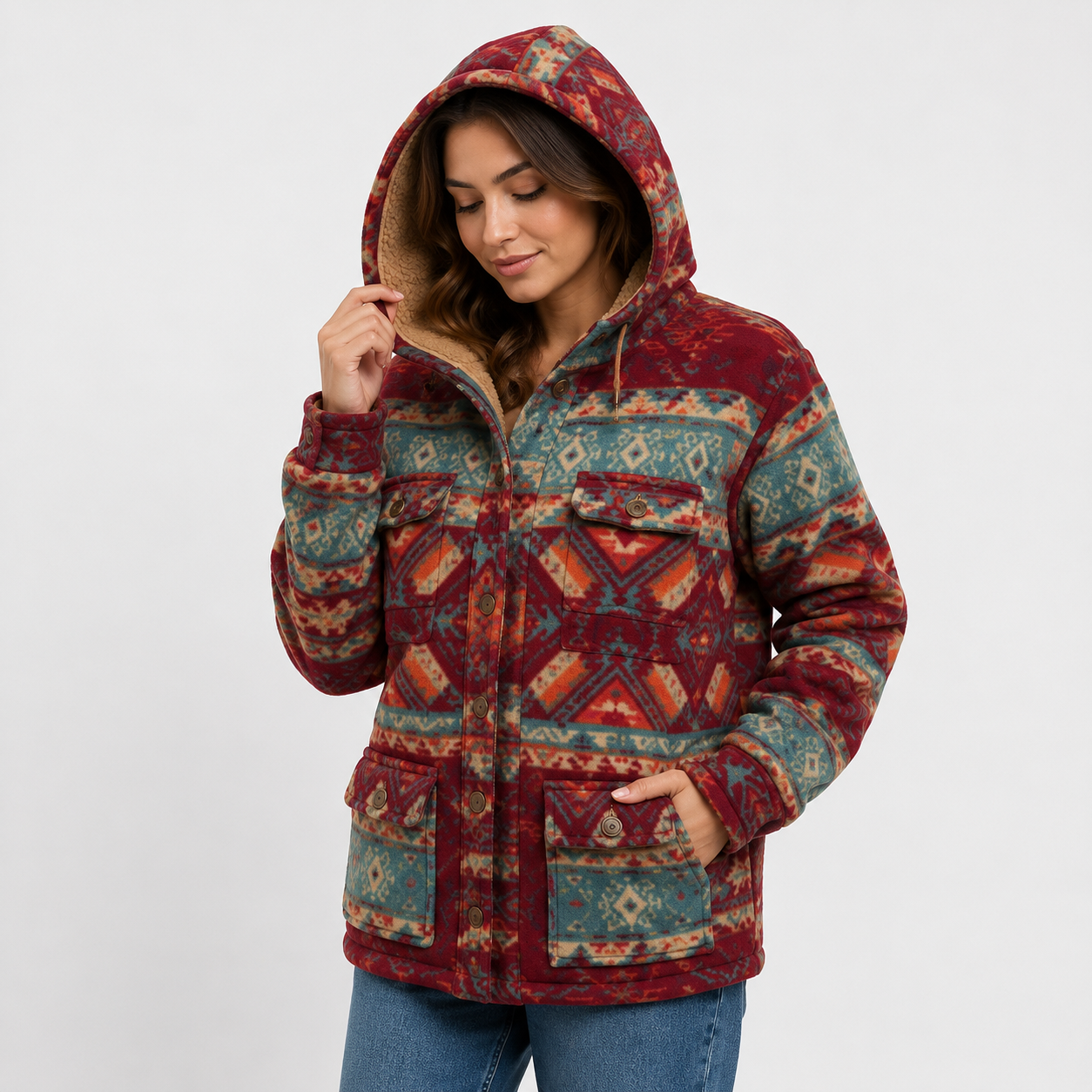 Burgundy Aztec Pattern Button Sherpa