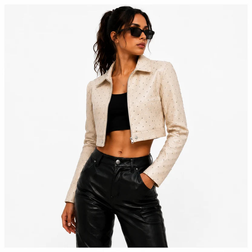 Women's Beige Studded Cropped Leather Jacket