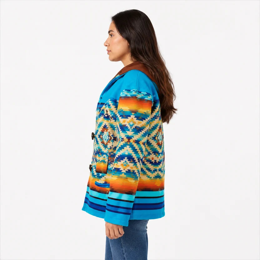 Women's Yellowstone Inspired Blue Orange Serape Zip Up Hooded Jacket
