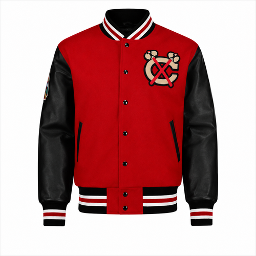 Back view of Chicago Blackhawks varsity jacket with embroidered logo