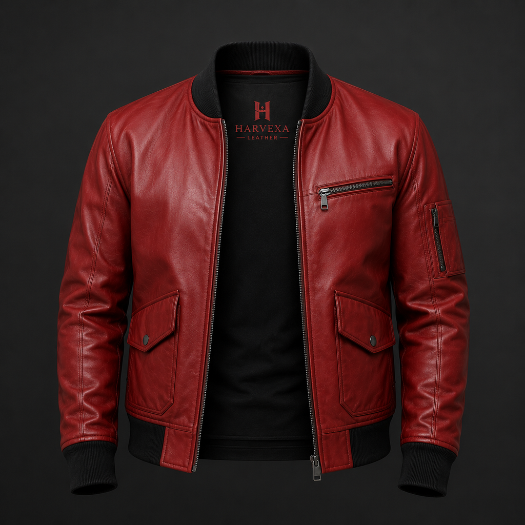 Men's red leather flight bomber jacket