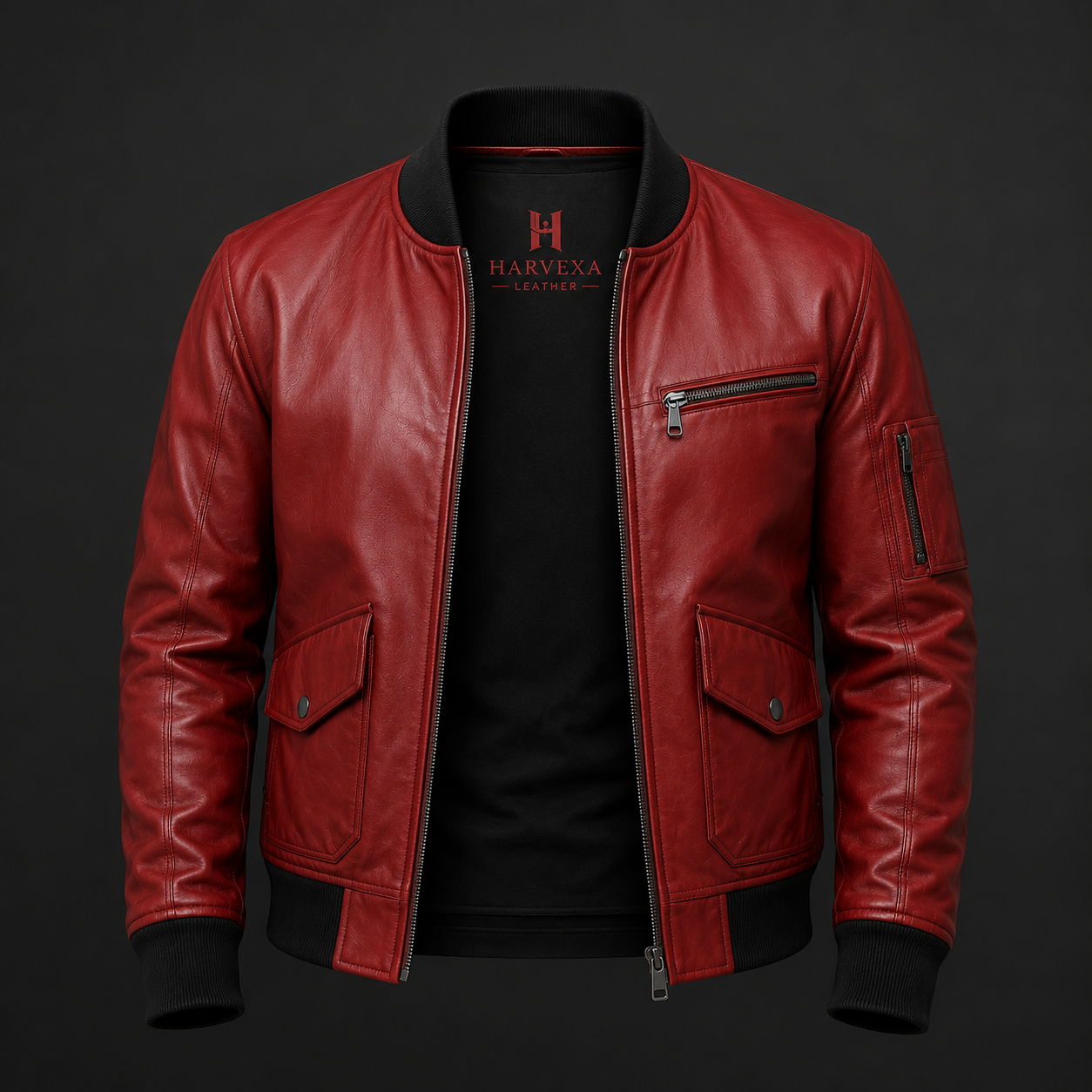 Men's red leather flight bomber jacket