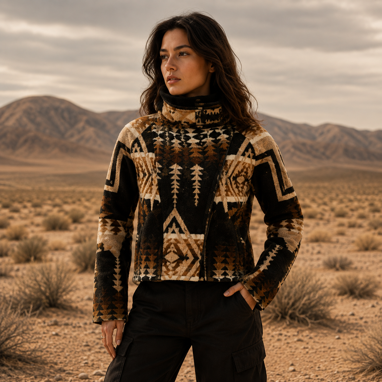 Women's Black Brown Aztec Pattern Wool Jacket
