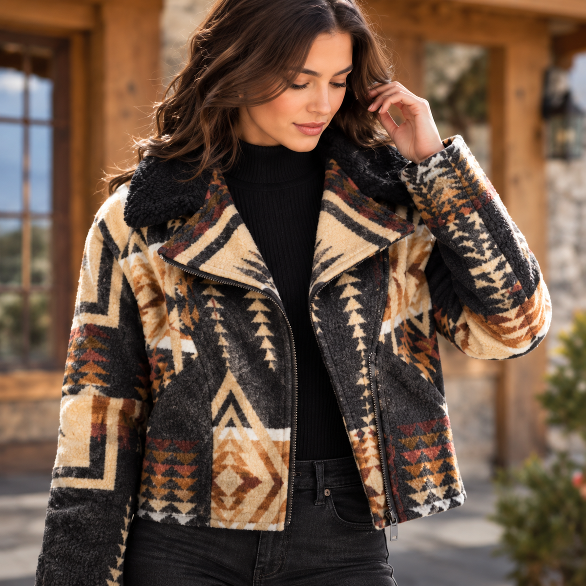 Beth Dutton inspired women’s Western fleece coat with tribal geometric print, fall winter jacket