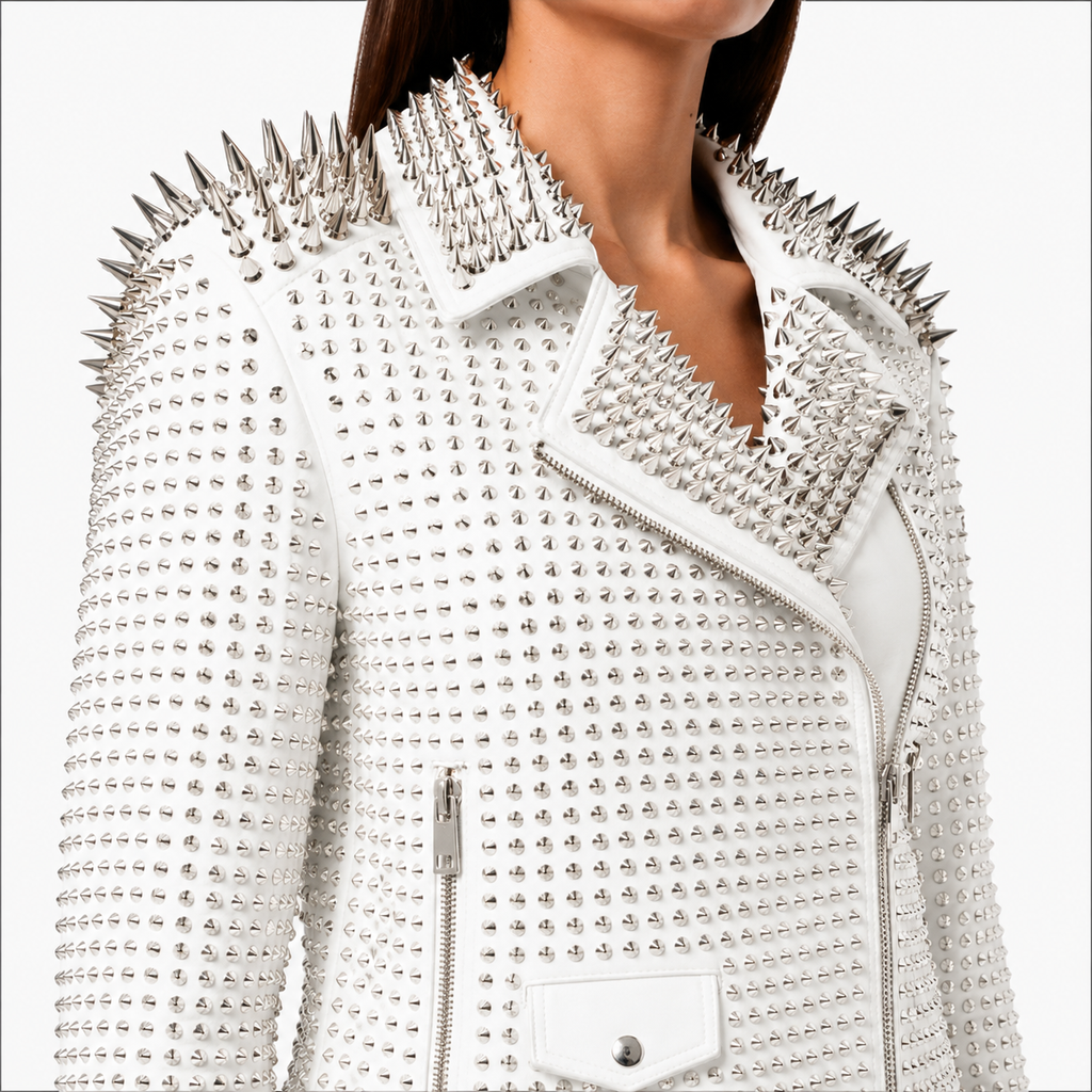 White Spiked Punk Rock Leather Jacket