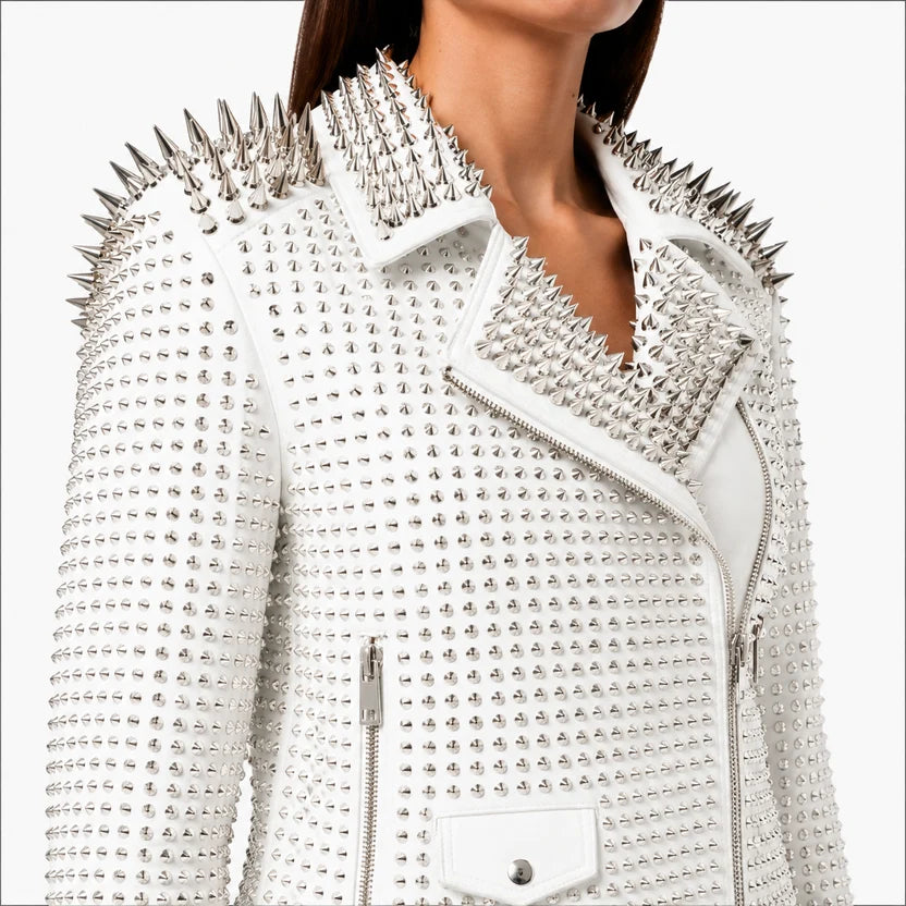 women's white leather biker jacket