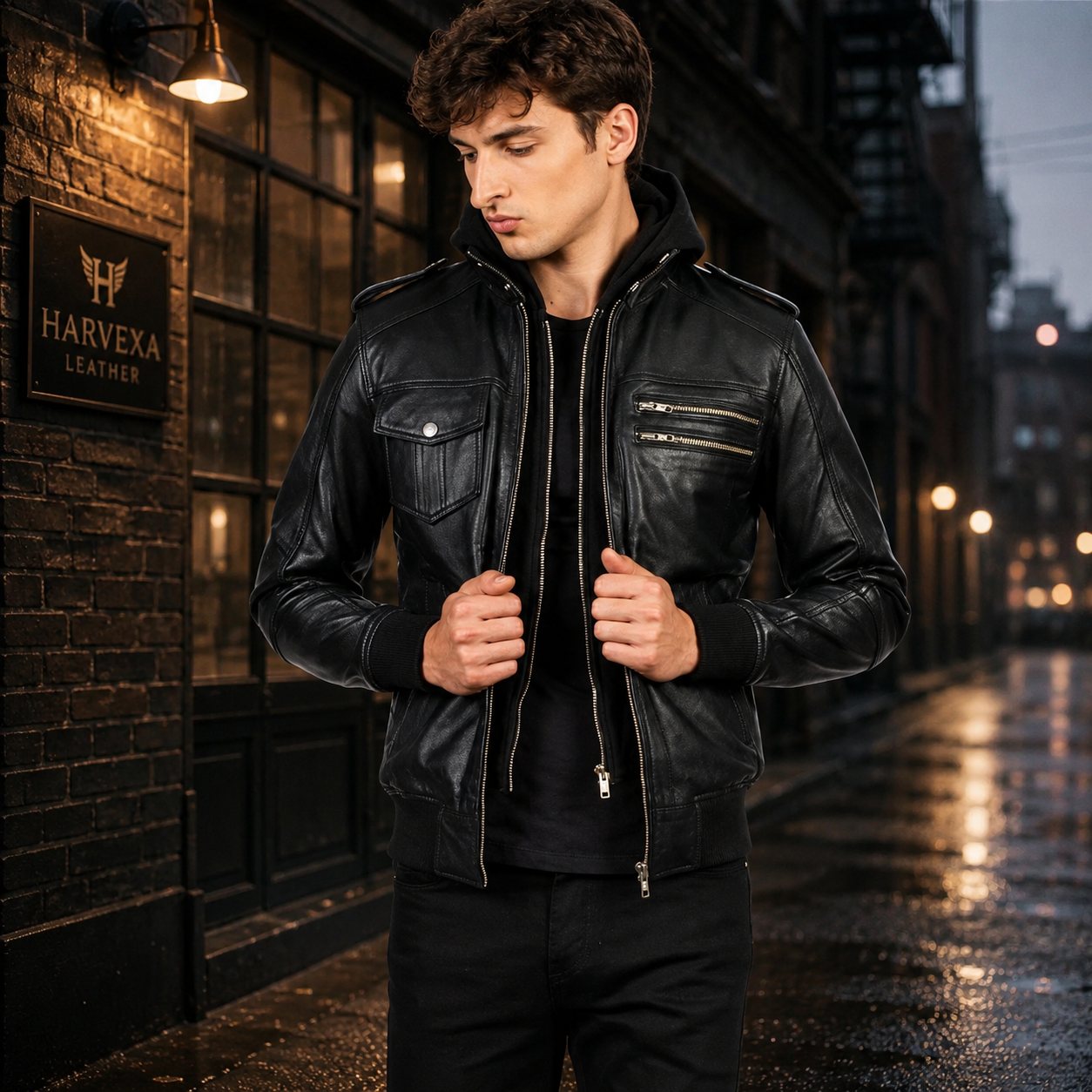 Bravado Black Hooded Leather Bomber Jacket