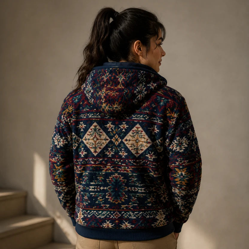 women's western fair isle patterned hooded fleece jacket
