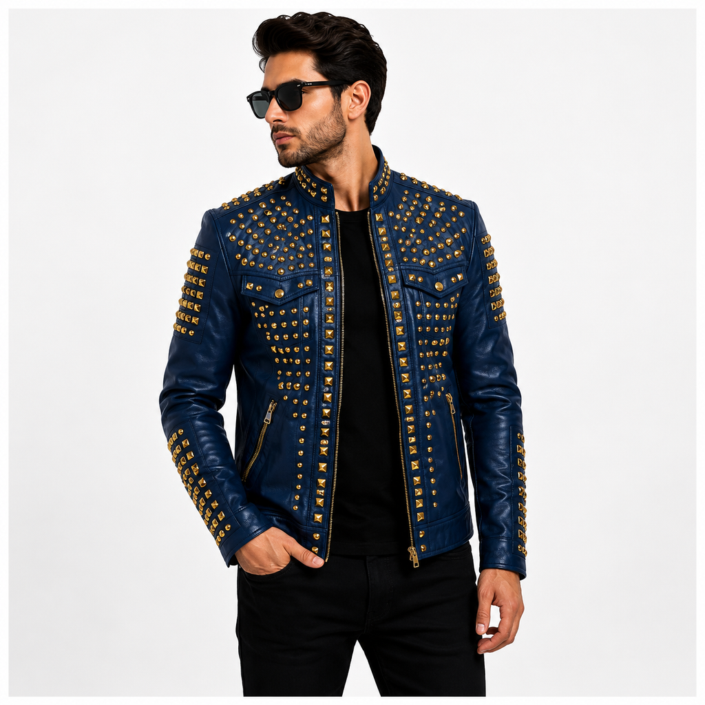 Men's Royal Blue Studded Leather Jacket