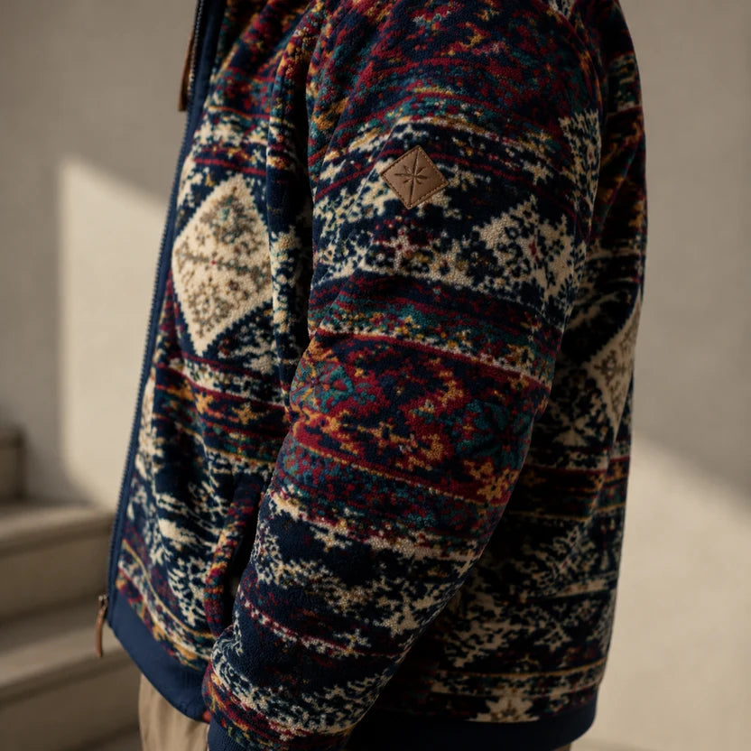 Women's Yellowstone Inspired Navy Blue Fair Isle Geometric Zip Up Hooded Jacket