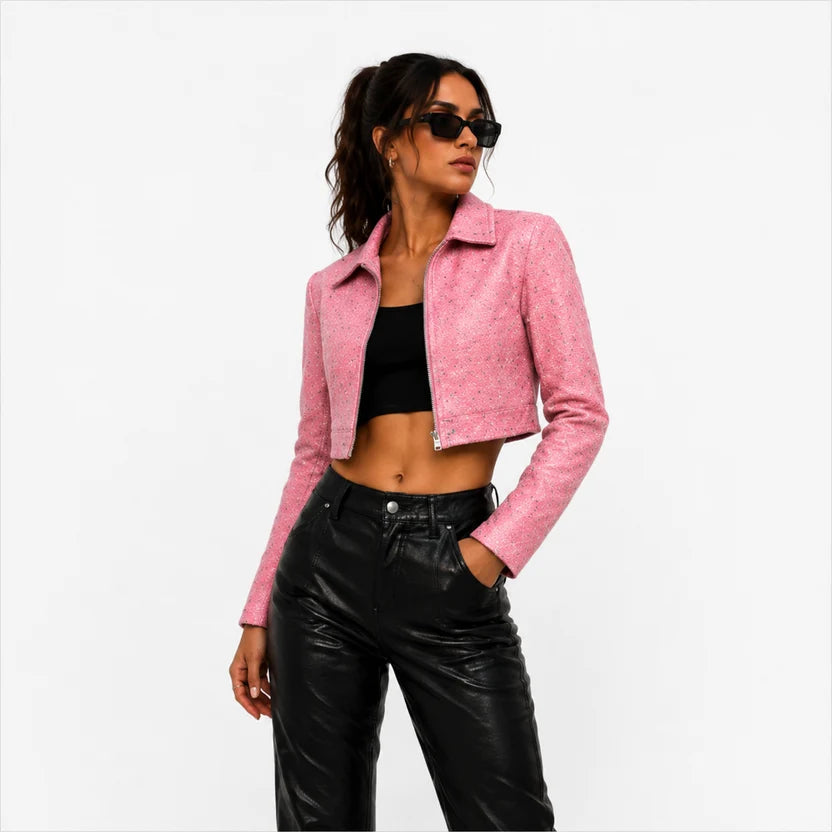 Women's Pink Glitter Cropped Leather Jacket