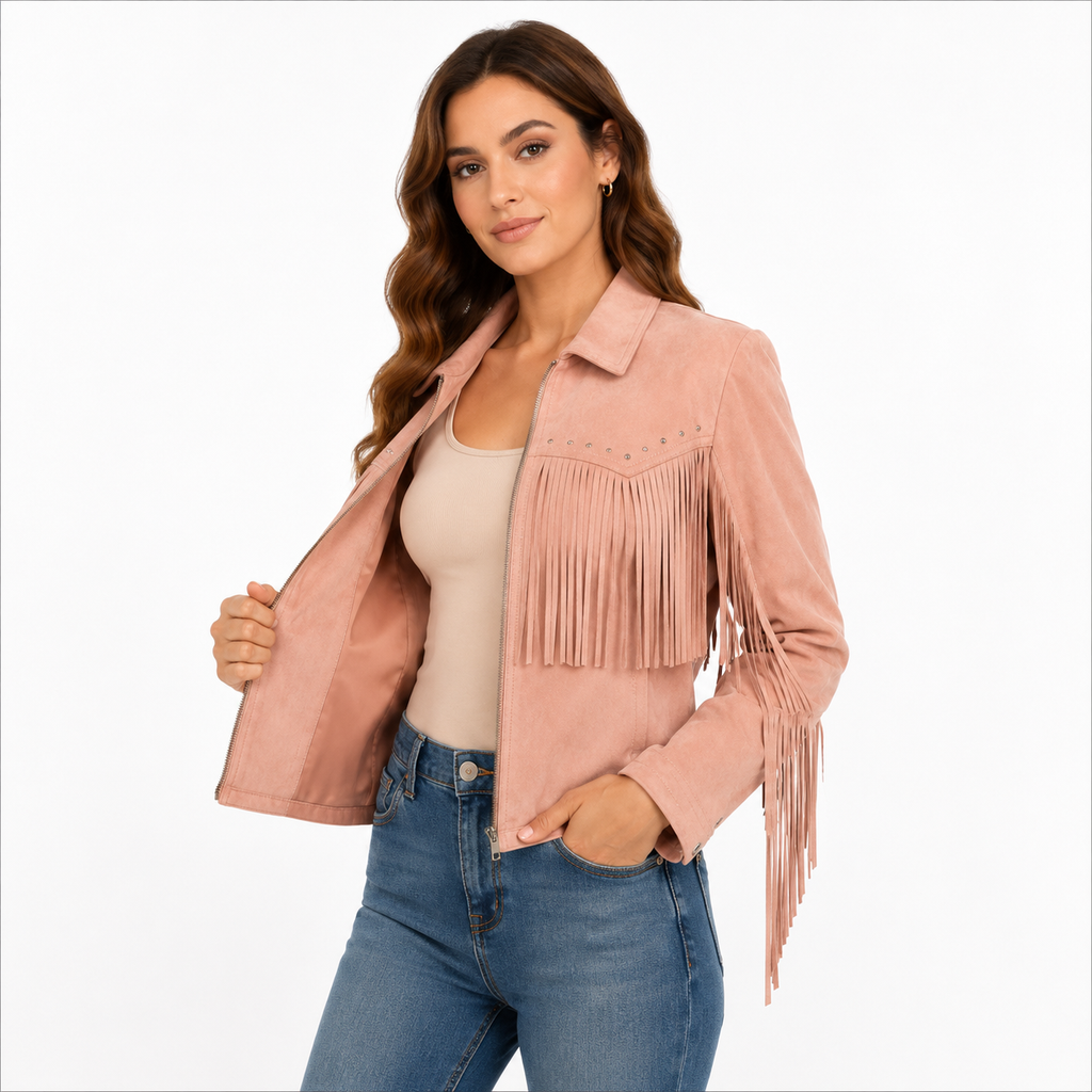 Women's Blush Pink Faux Suede Fringe Zip-Up Jacket