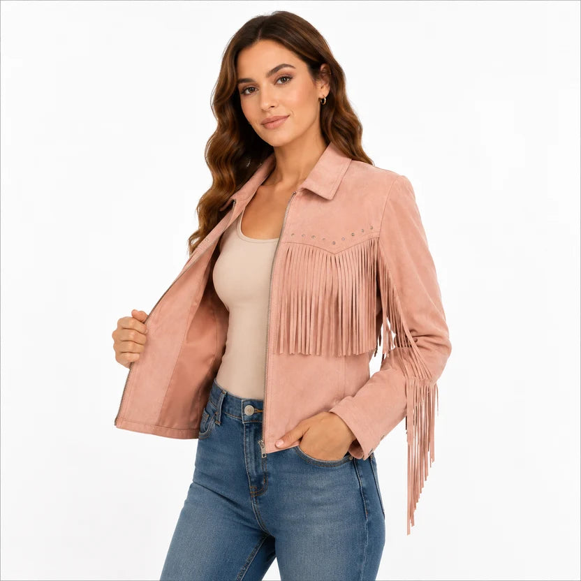 Dusty pink suede western fringe jacket