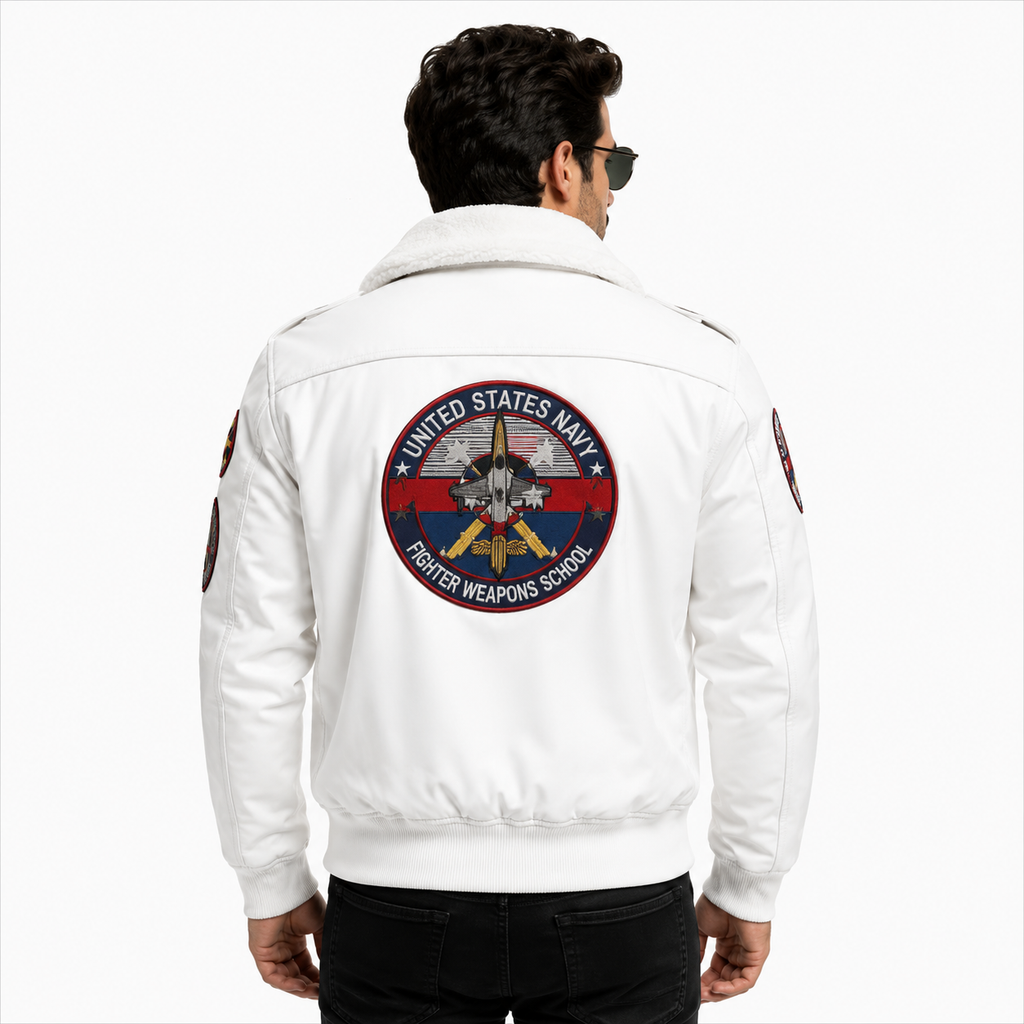 Men's White Top Gun Flight Bomber Leather Jacket with Faux Fur Collar