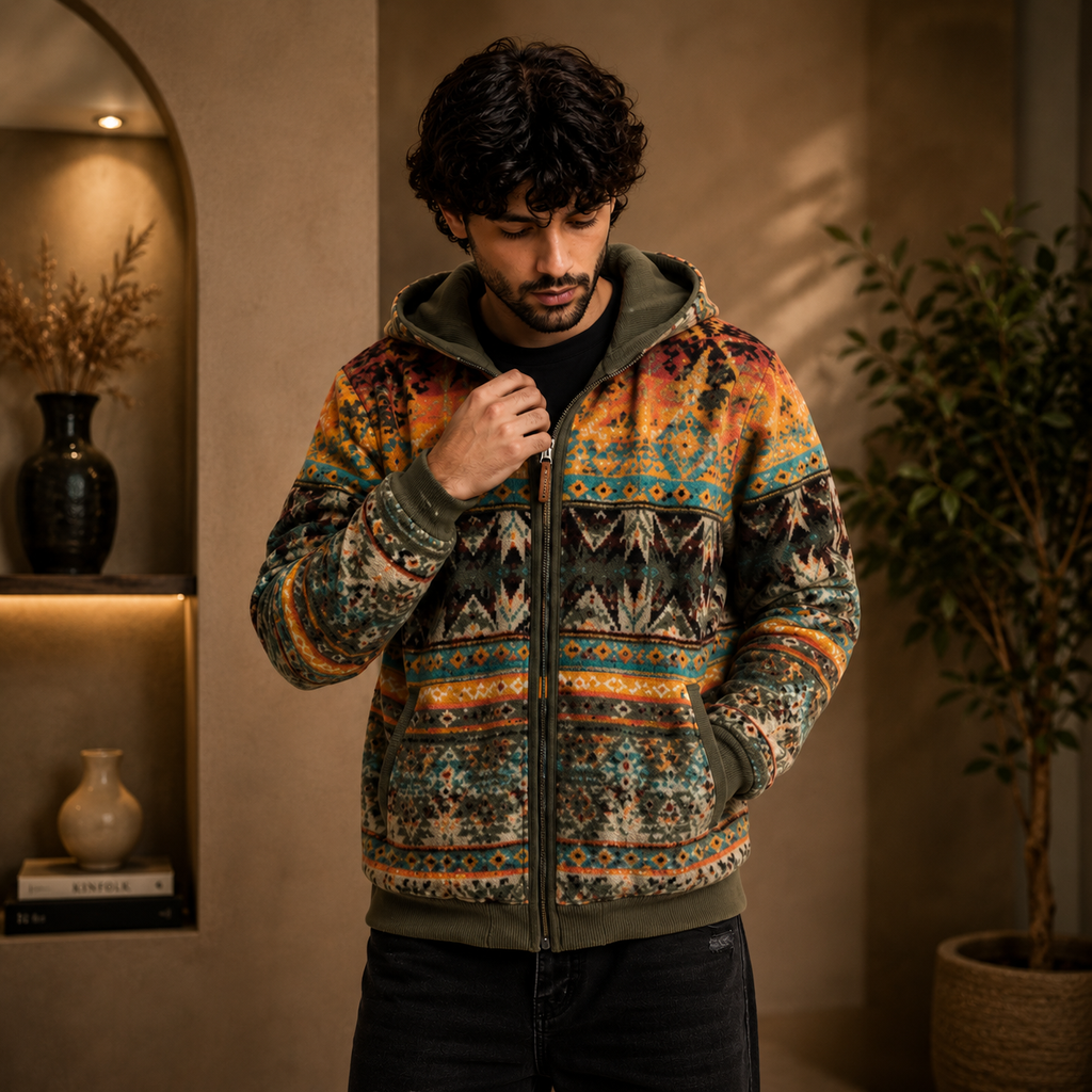 Men's Olive Aztec Sherpa Jacket Outdoor Winter Outfit