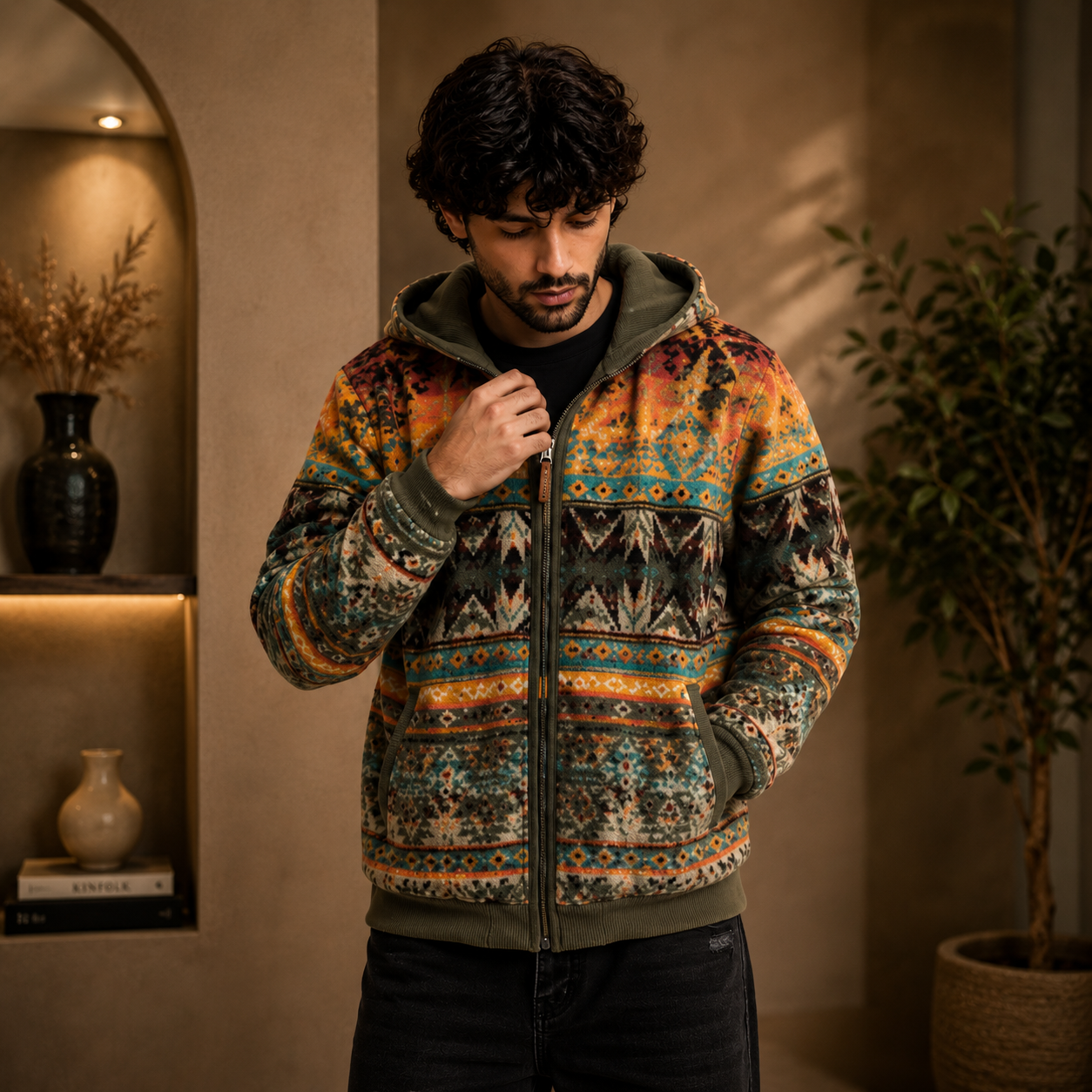 Men's Olive Aztec Sherpa Jacket Outdoor Winter Outfit