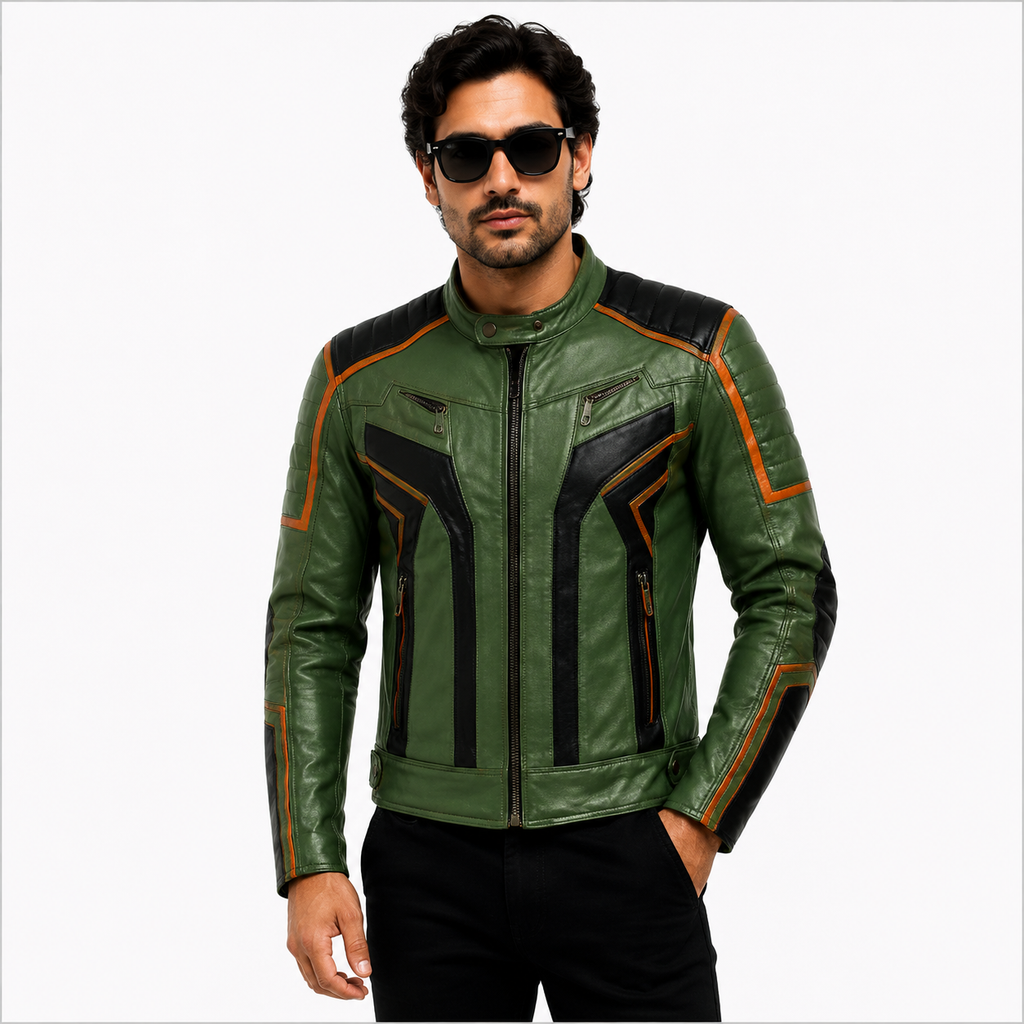 Men's Green & Black Racer Leather Jacket with Quilted Shoulders
