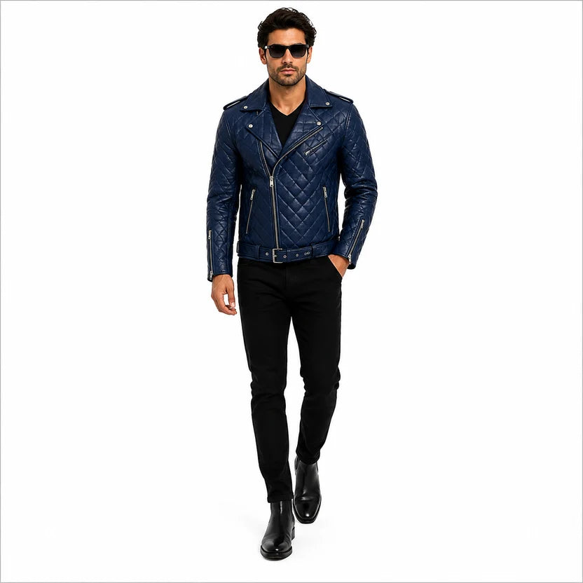 navy leather biker jacket