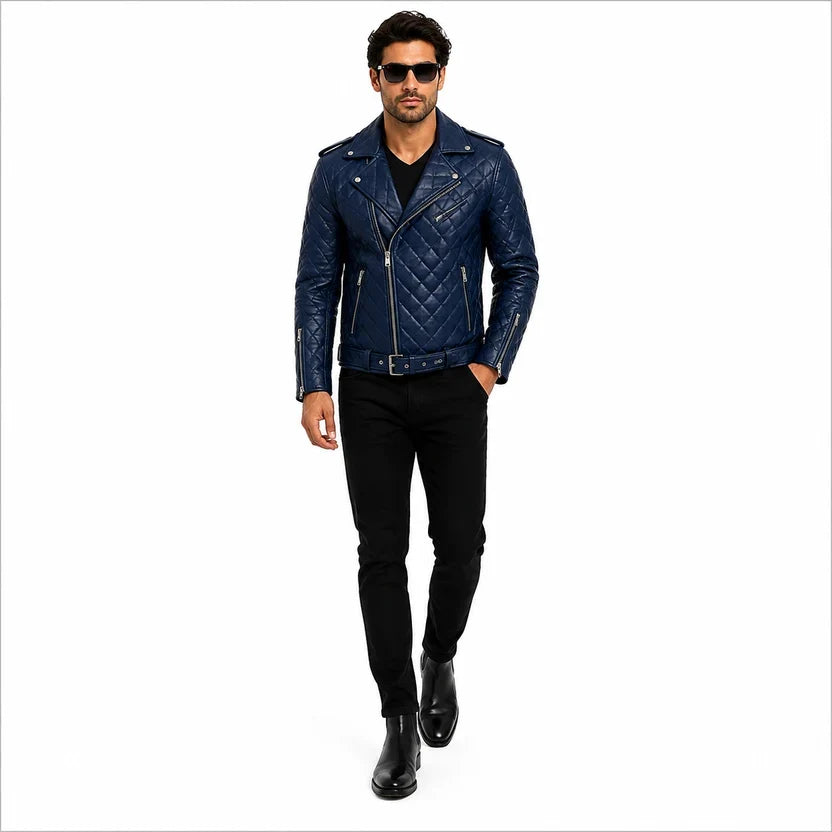 Men's White Leather Quilted Biker Jacket
