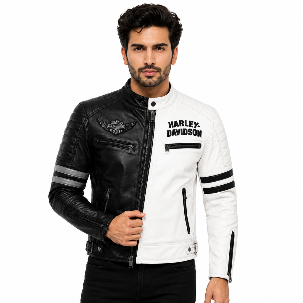 Men's Two Tone Black White Leather Biker Jacket
