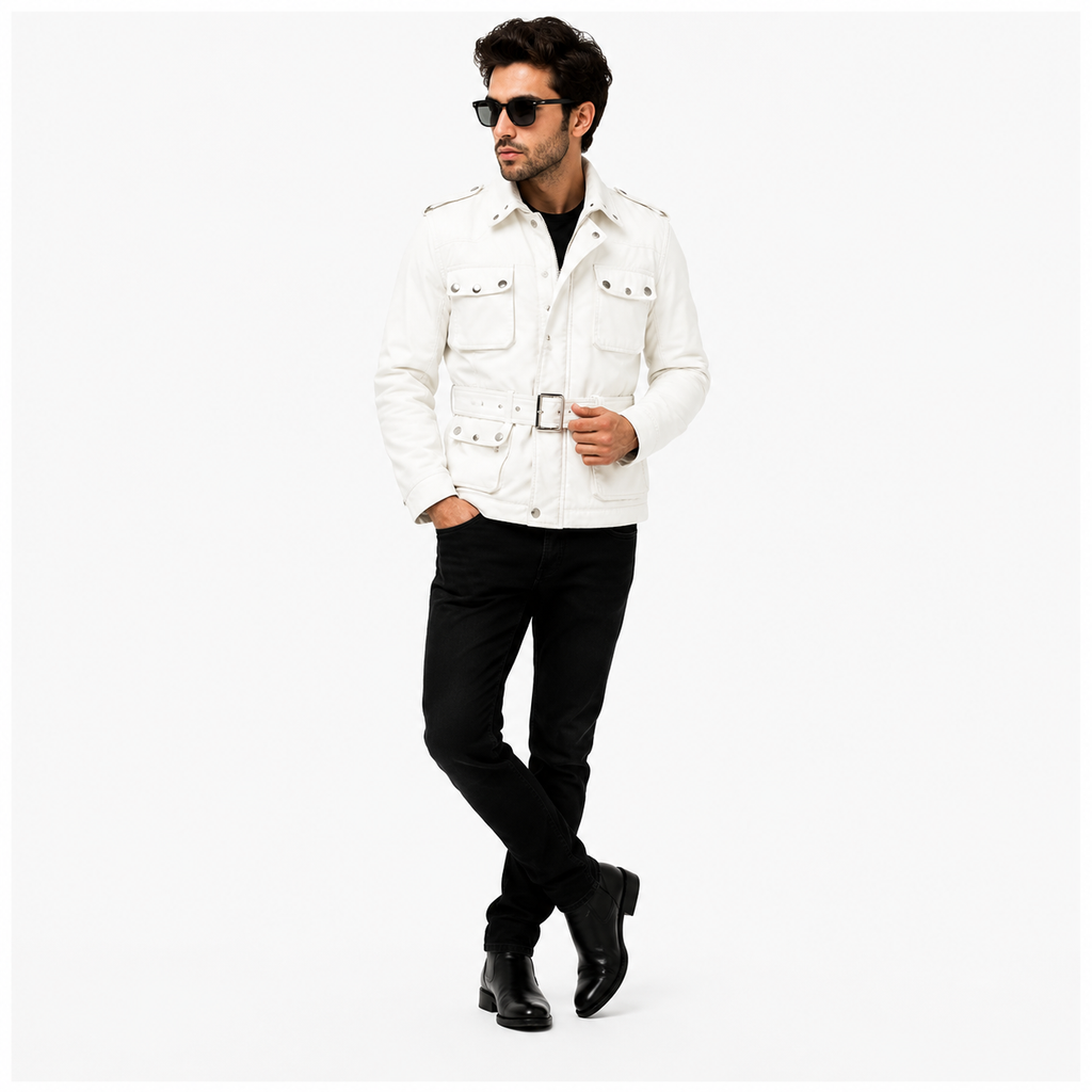 Men's White Military Safari Leather Field Jacket