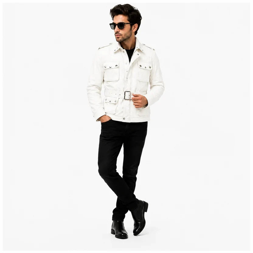 Men's Black Leather Military Field Jacket