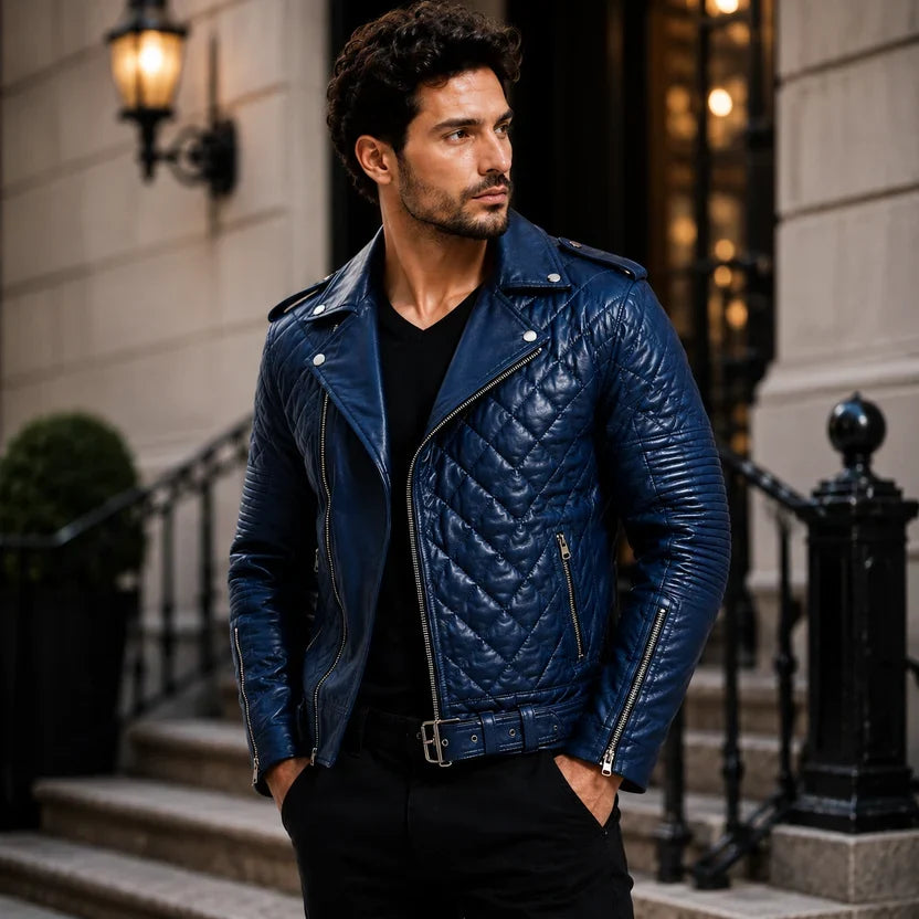 Men's White Leather Quilted Biker Jacket