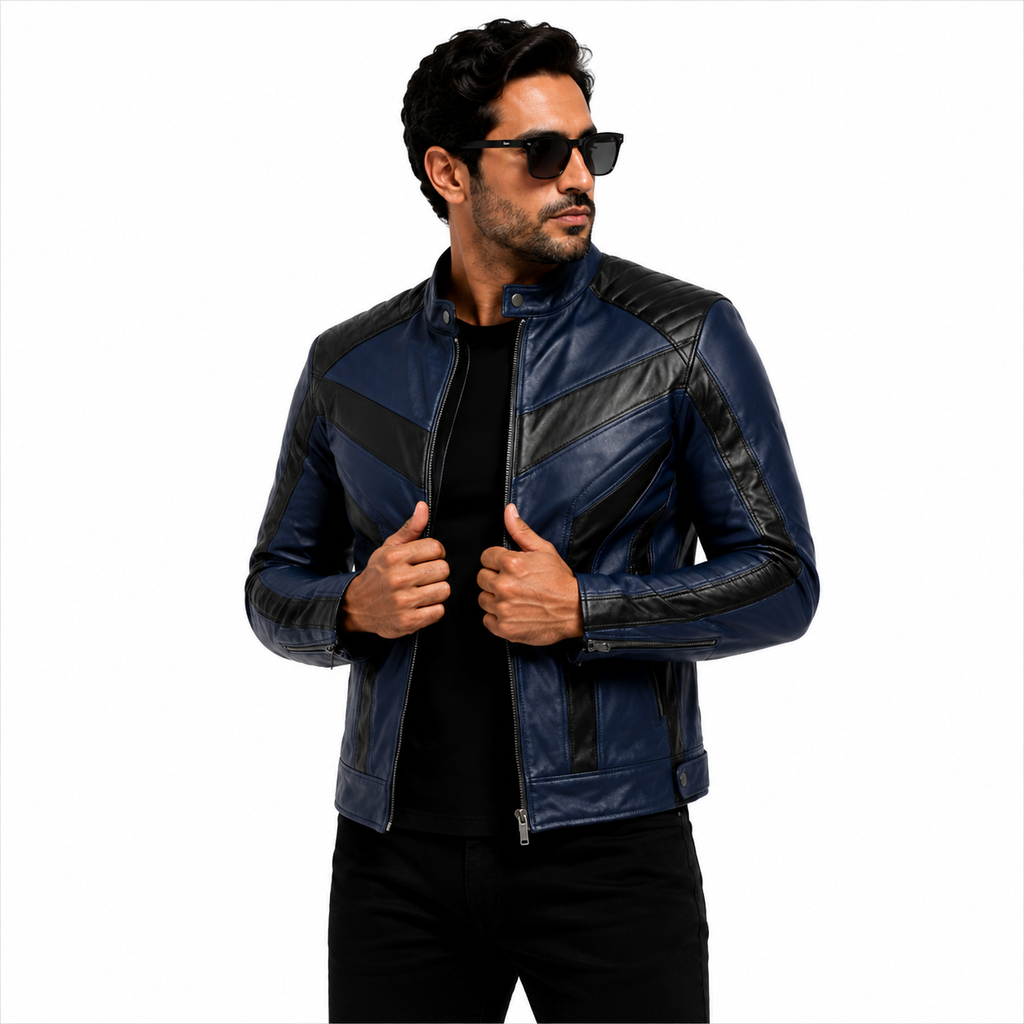 Men's Navy Blue & Black Racer Leather Jacket
