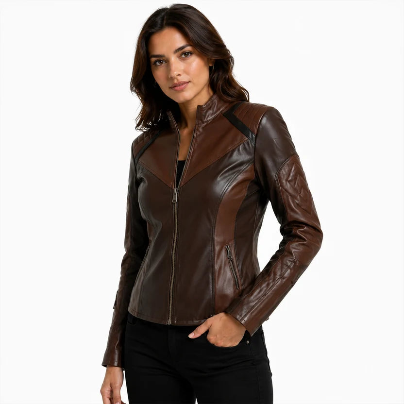 Women's Dark Brown Leather Racer Jacket