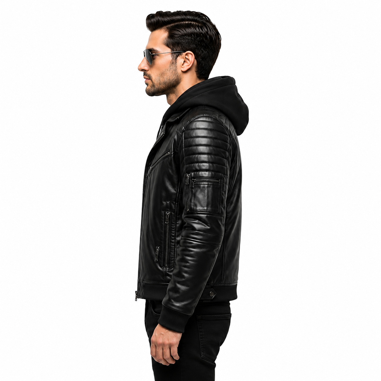 Men's hooded leather biker jacket