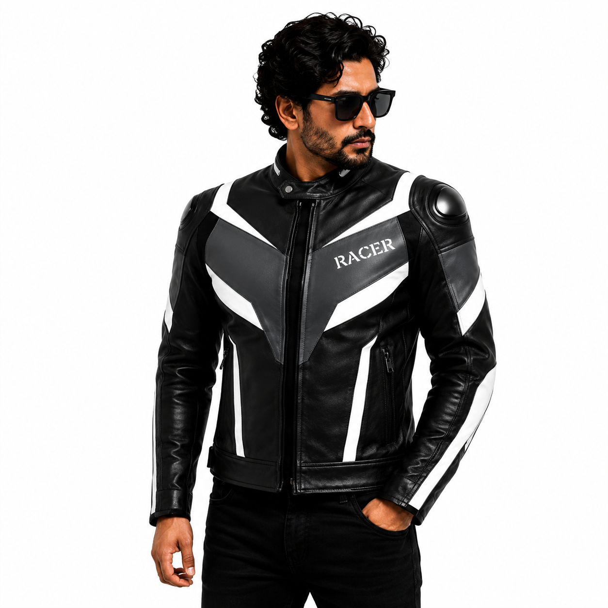 Men's Black & White Racer Leather Jacket