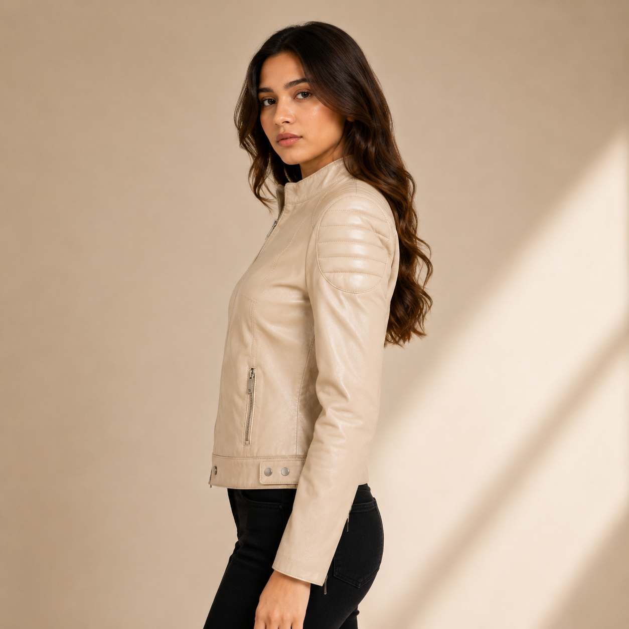 Women's Pastel Beige Cafe Racer Leather Biker Jacket