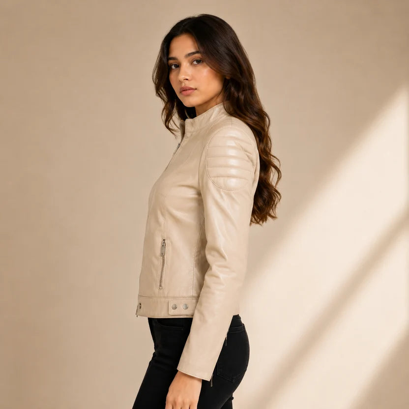 women's beige leather cafe racer