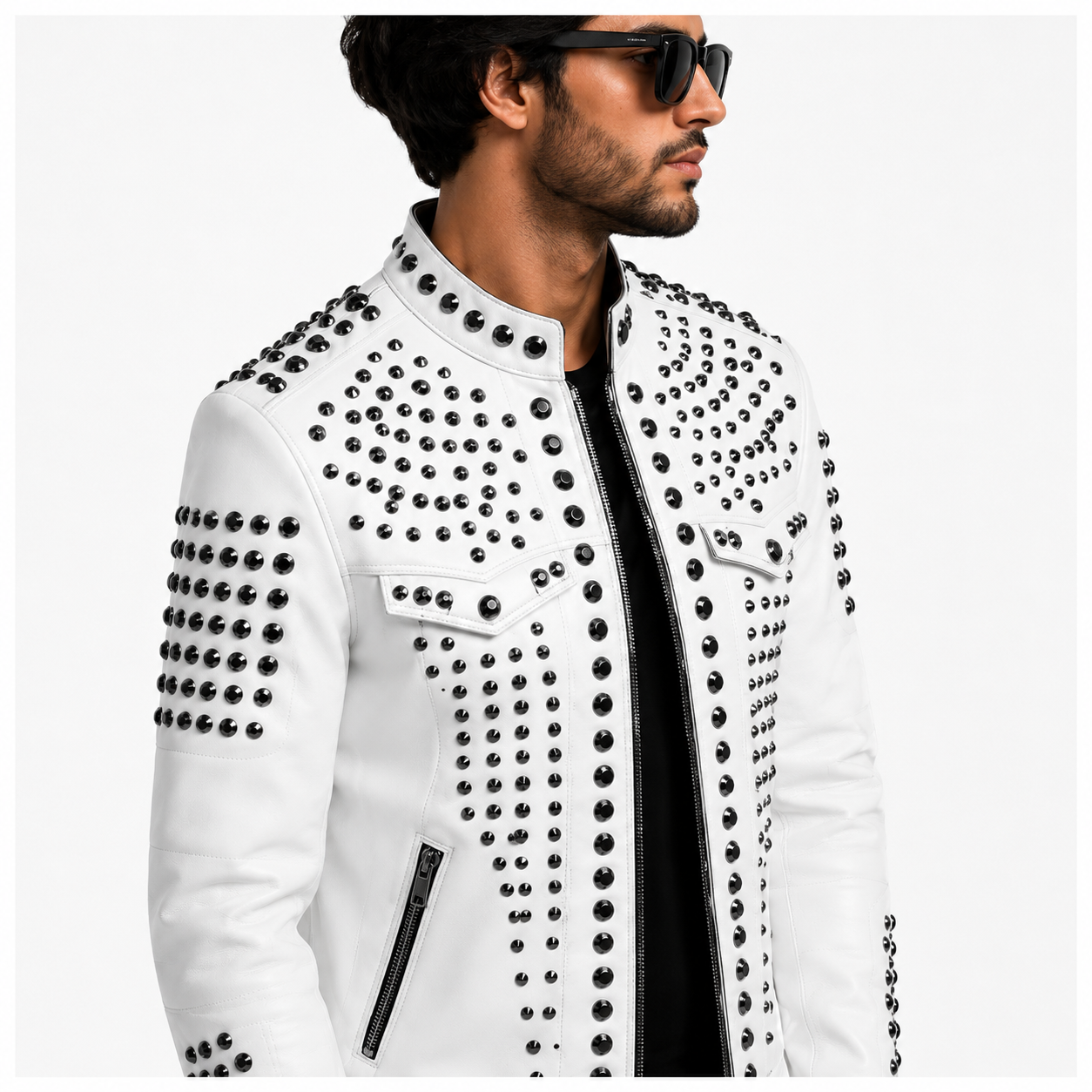 Men's White Studded Biker Leather Jacket