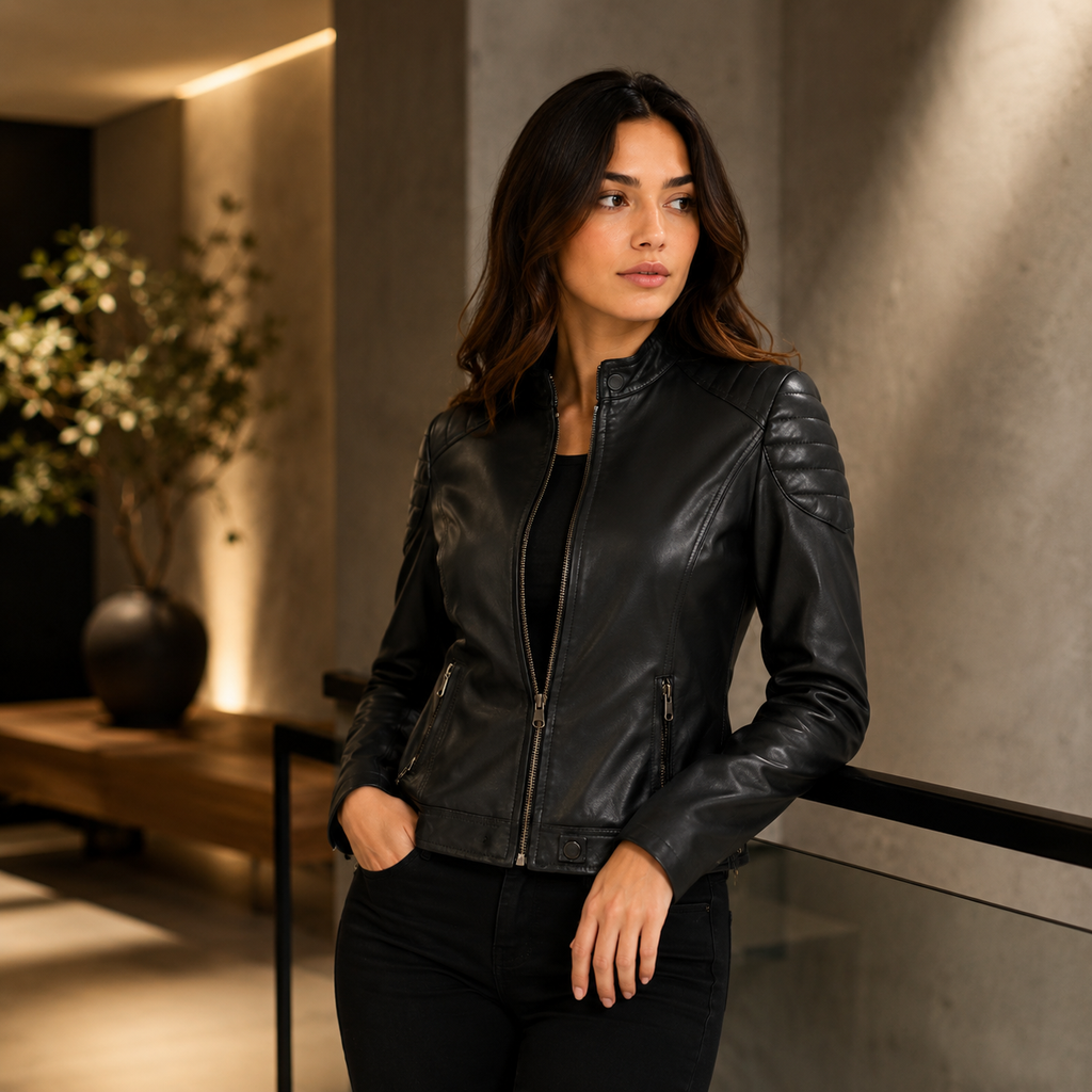 Women's Classic All-Black Cafe Racer Leather Biker Jacket